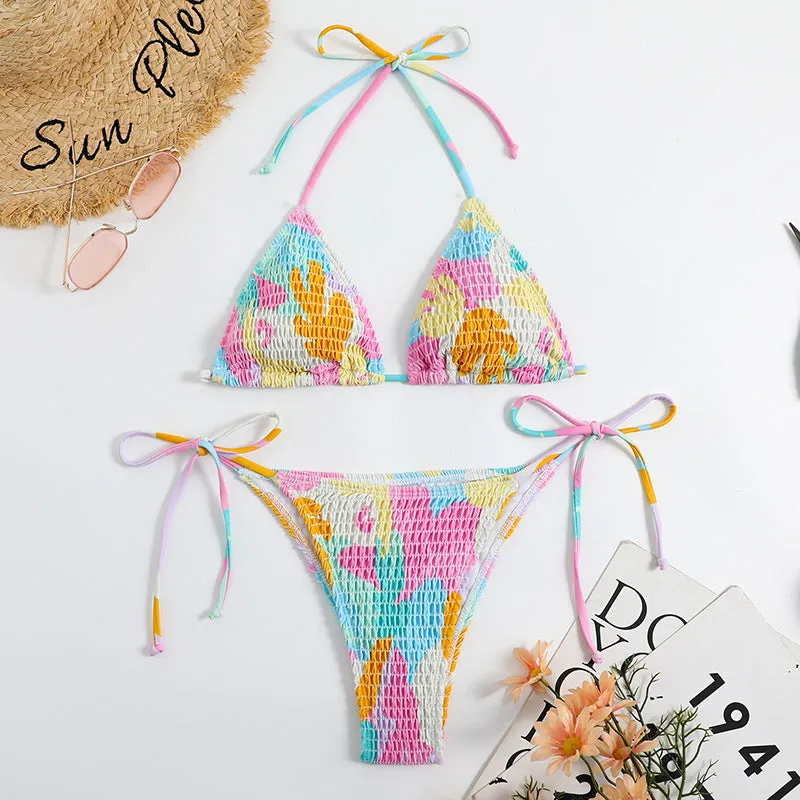 Women's triangle bag bikini with printed floral gradient pattern and smocking craft detailing