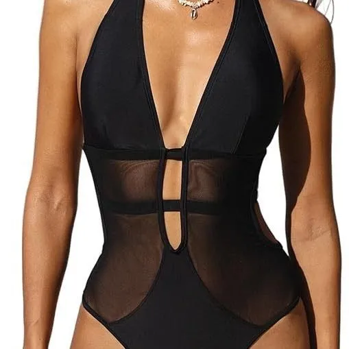 Black women's V-neck one-piece swimsuit with mesh detailing