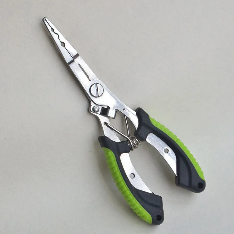 Medium straight mouth multifunctional fishing pliers with hook feature and nylon carrying strap