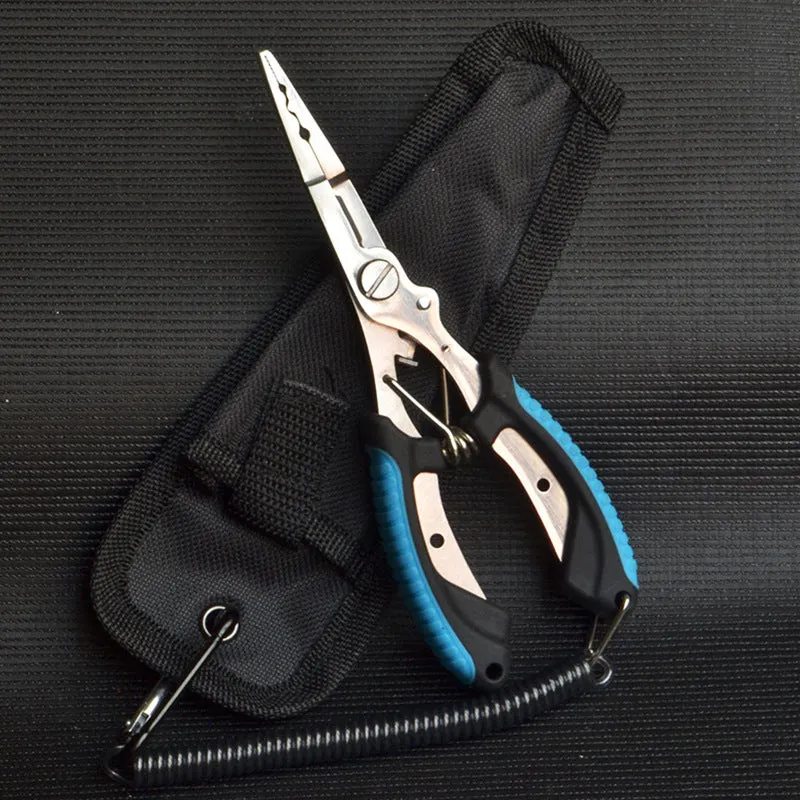 Medium straight mouth multifunctional fishing pliers with hook feature and nylon carrying strap