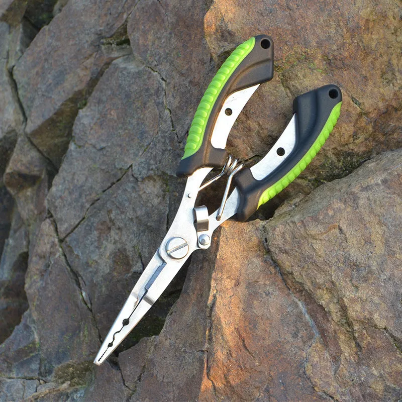 Medium straight mouth multifunctional fishing pliers with hook feature and nylon carrying strap