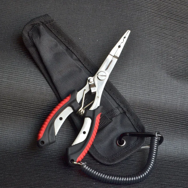 Medium straight mouth multifunctional fishing pliers with hook feature and nylon carrying strap