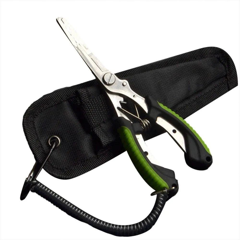 Medium straight mouth multifunctional fishing pliers with hook feature and nylon carrying strap