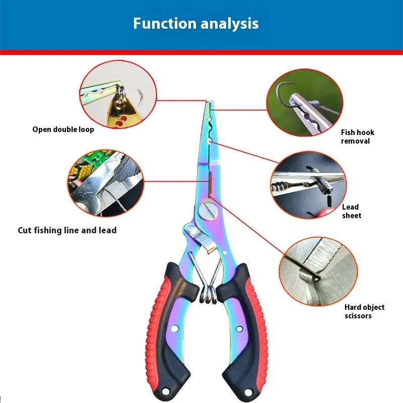 Medium straight mouth multifunctional fishing pliers with hook feature and nylon carrying strap
