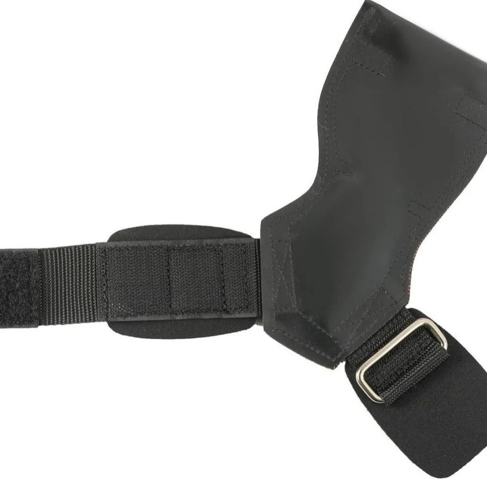 Black rubber palm protector with an assist strap for weightlifting and rock climbing.