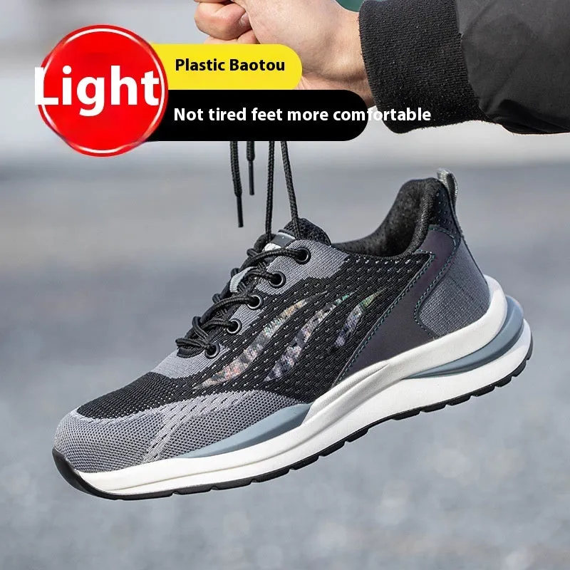 Men's black and grey anti-smash electrician safety shoes with plastic toe and lace-up closure