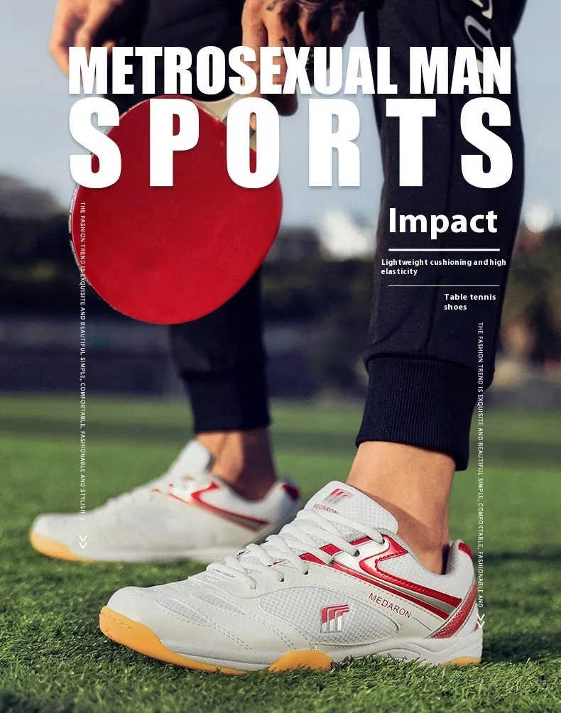 White and red table tennis sneakers with lace-up front and rubber sole.