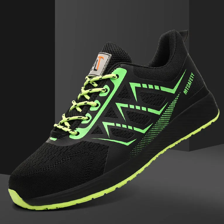 Black ultra-light safety work shoes with a steel toe cap and lace-up front.