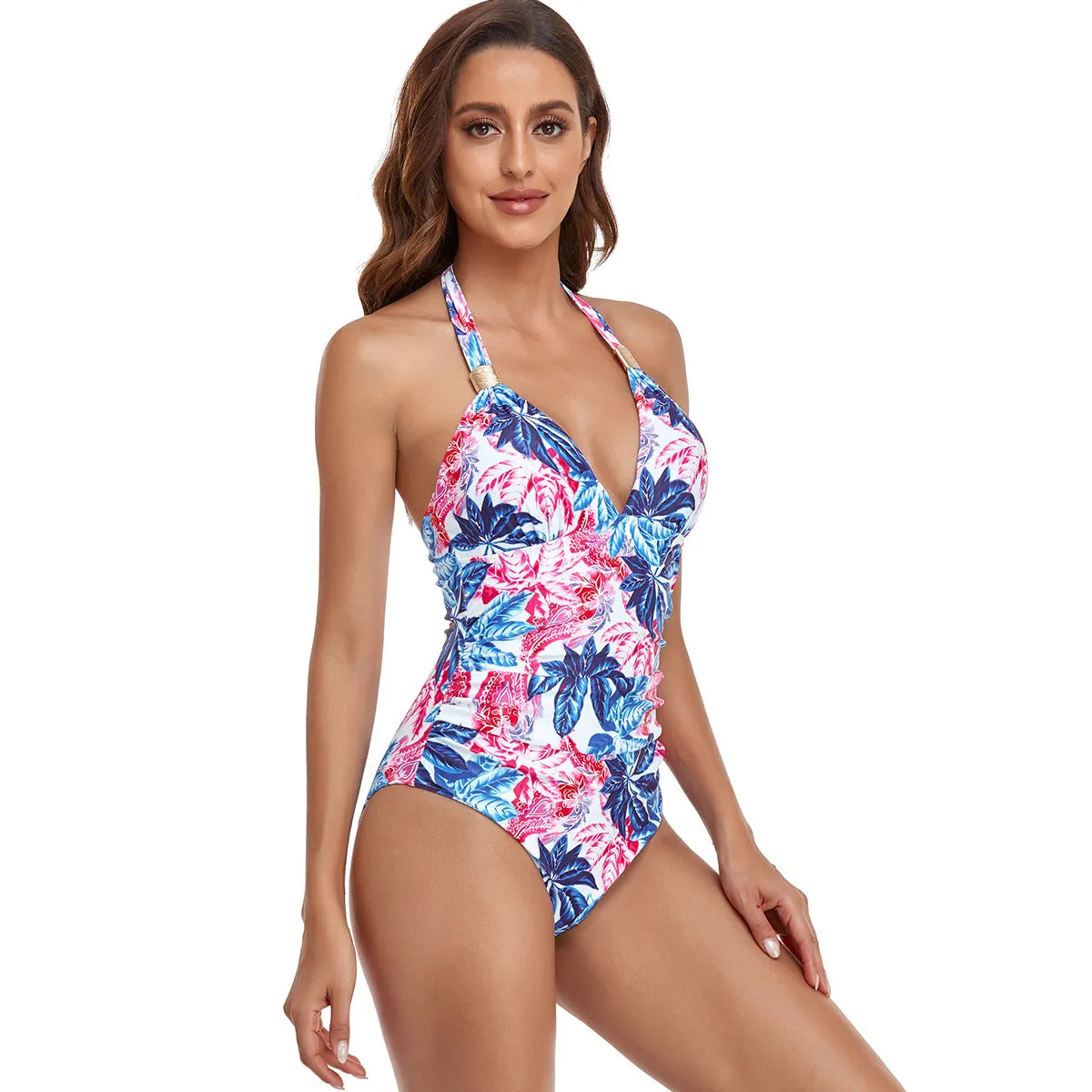 Women's backless one-piece swimsuit in leopard print and solid colours.