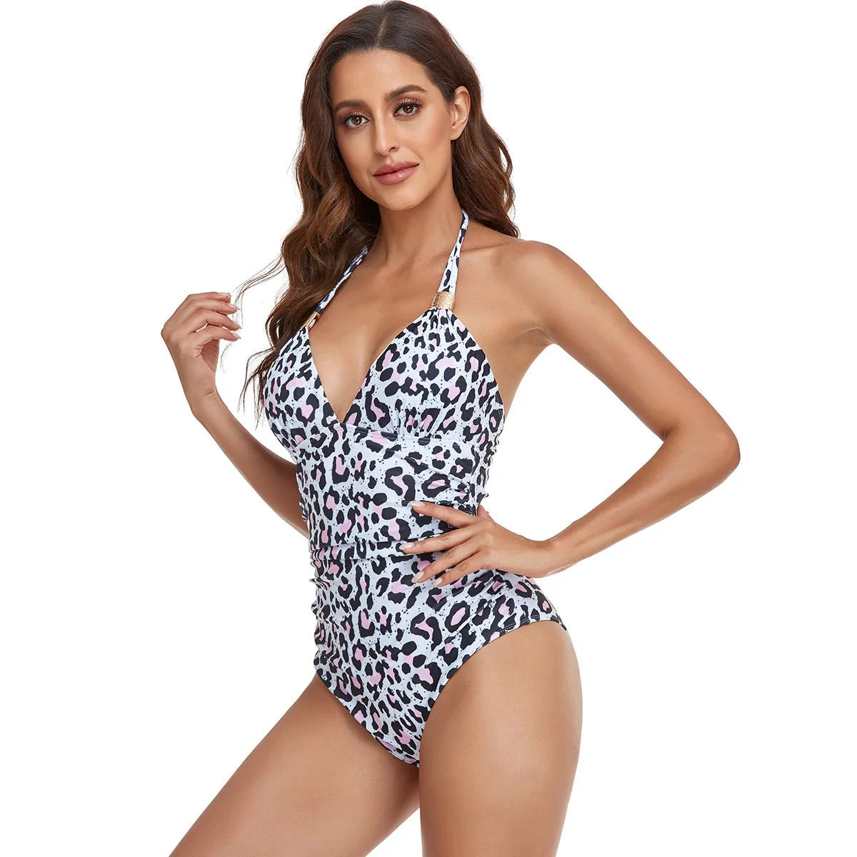 Women's backless one-piece swimsuit in leopard print and solid colours.