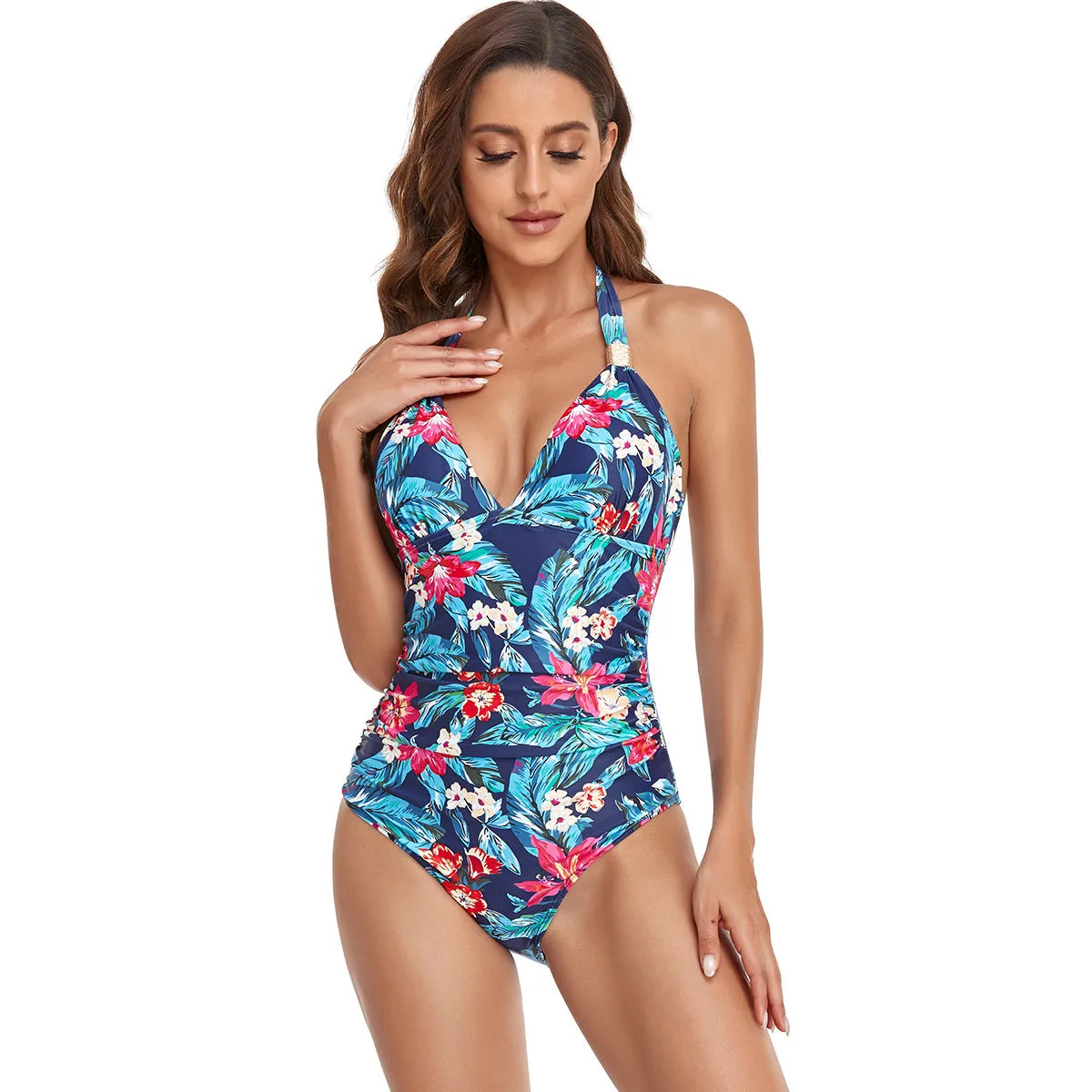 Women's backless one-piece swimsuit in leopard print and solid colours.
