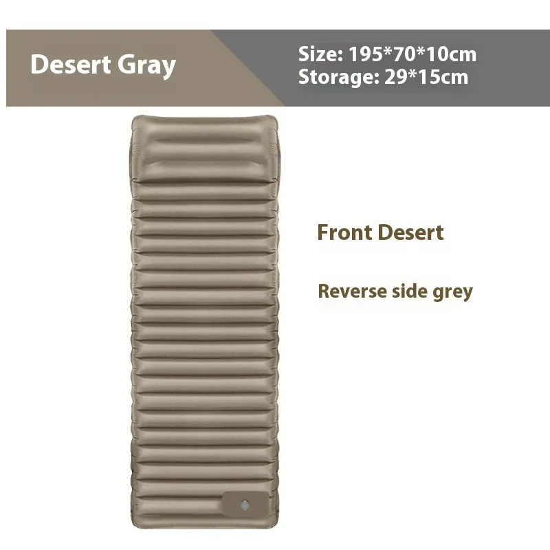 A portable inflatable camping mattress in desert grey colour, shown inflated to its 195x70cm size.