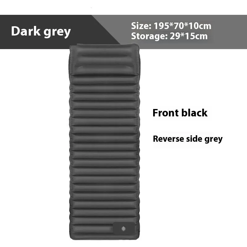A portable inflatable camping mattress in desert grey colour, shown inflated to its 195x70cm size.