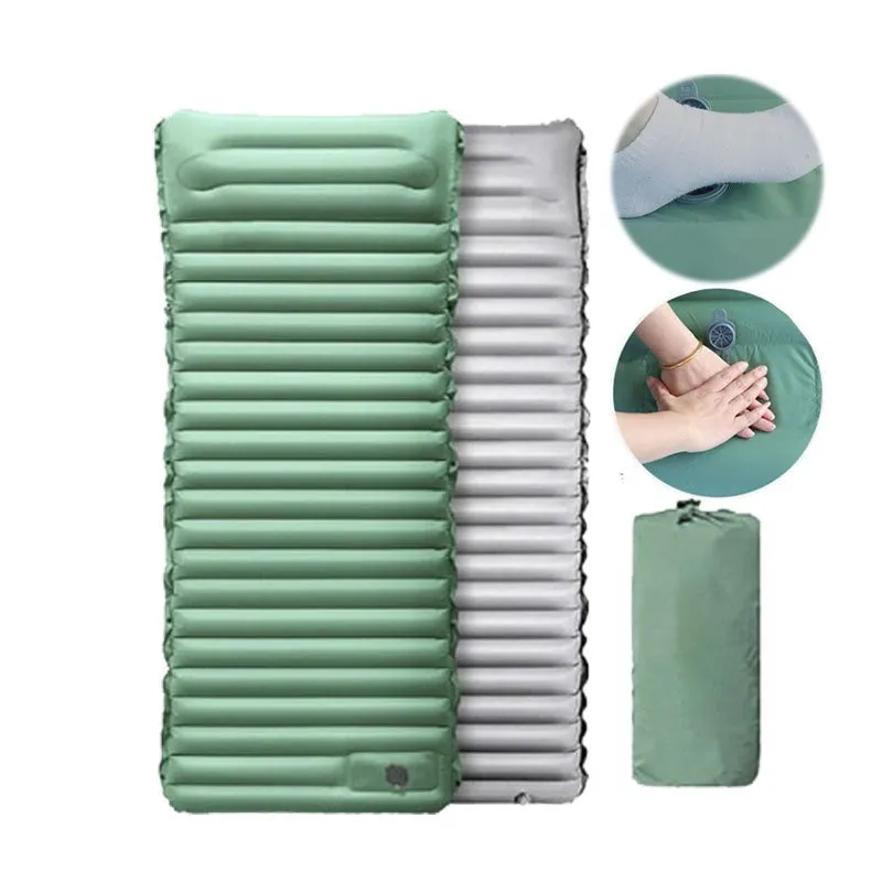 A portable inflatable camping mattress in desert grey colour, shown inflated to its 195x70cm size.