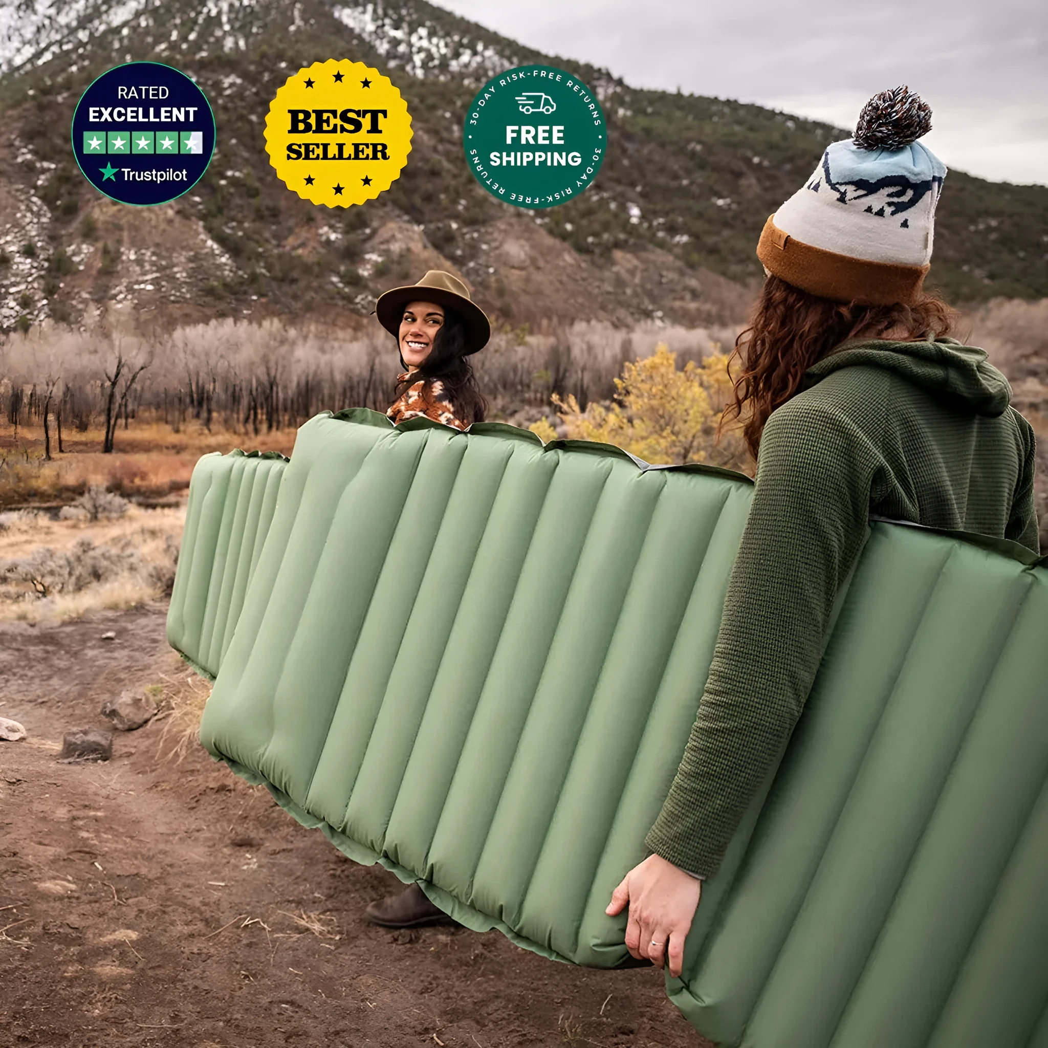 A portable inflatable camping mattress in desert grey colour, shown inflated to its 195x70cm size.