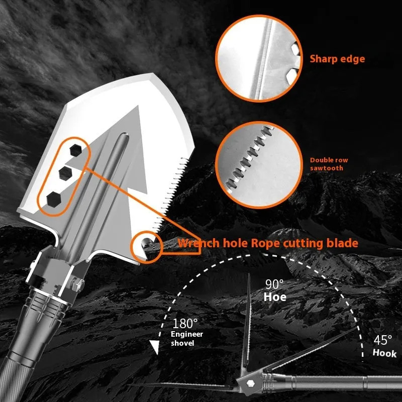Black multi-functional military shovel and axe set with knife, laid out with its carry case.