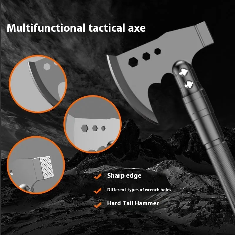 Black multi-functional military shovel and axe set with knife, laid out with its carry case.