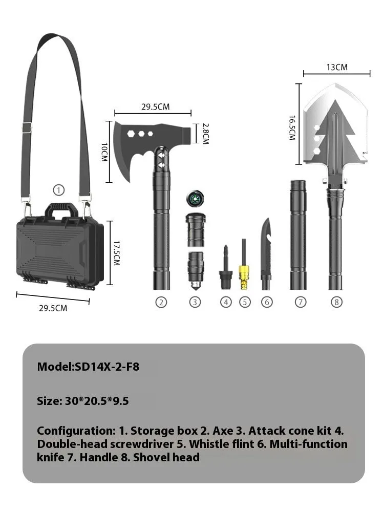 Black multi-functional military shovel and axe set with knife, laid out with its carry case.