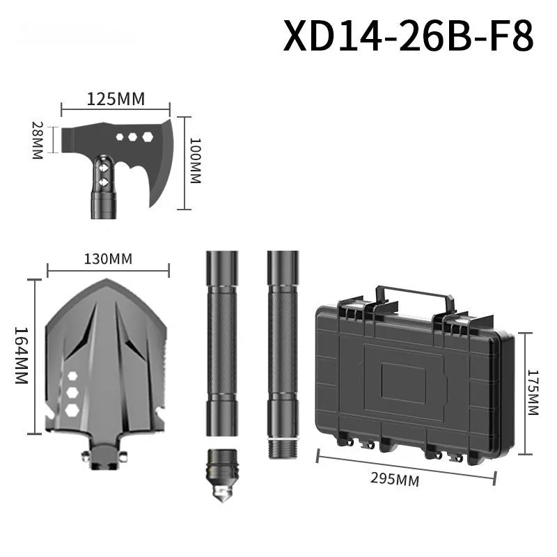Black multi-functional military shovel and axe set with knife, laid out with its carry case.