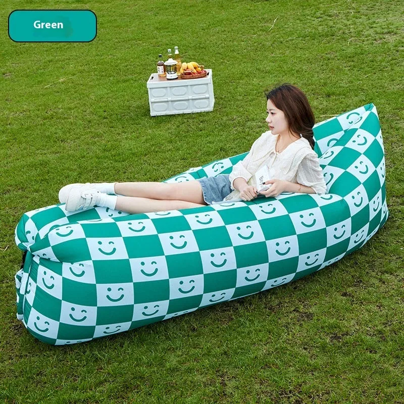Inflatable lazy sofa in outdoor setting with Oxford cloth surface and colourful design options