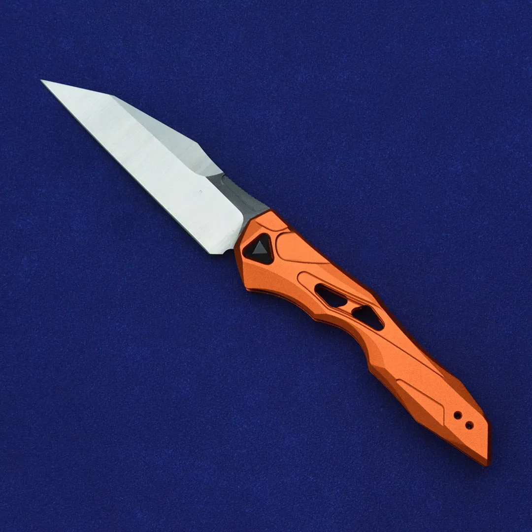 Black folding fruit knife with D2 steel blade and aviation aluminium handle in open position
