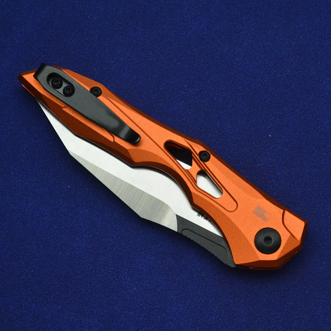 Black folding fruit knife with D2 steel blade and aviation aluminium handle in open position