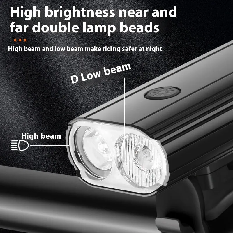 Aluminium alloy bicycle headlight with USB Type-C charging port, shown with quick-release handlebar mount.