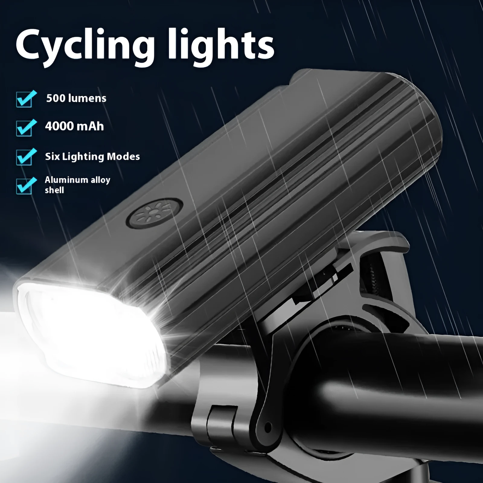 Aluminium alloy bicycle headlight with USB Type-C charging port, shown with quick-release handlebar mount.
