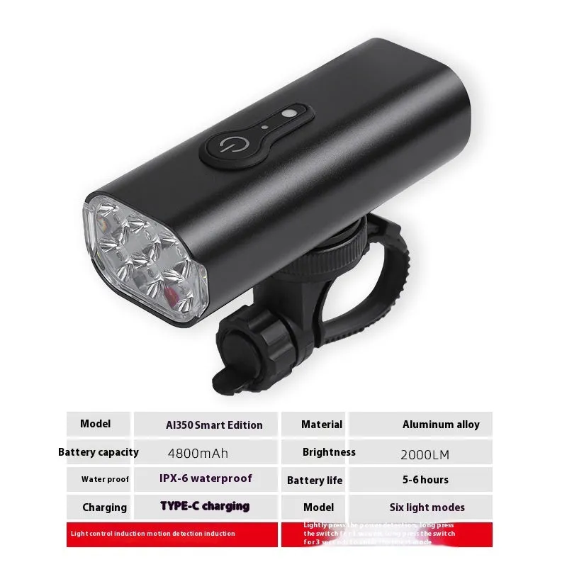 USB rechargeable bicycle headlight and taillight set with mounting bracket on a black background.