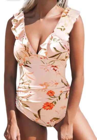 Women's apricot floral one-piece V-neck swimsuit with lace-up and flounce detail