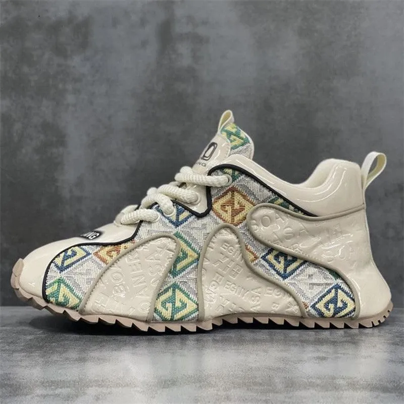 Men's platform casual shoes with embroidery stitching in black, beige and scarlet colours