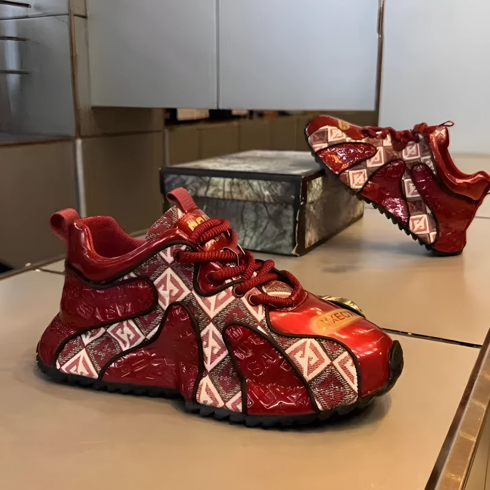 Men's platform casual shoes with embroidery stitching in black, beige and scarlet colours