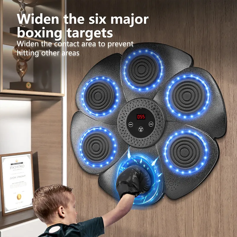 Black smart boxing target with lights and Bluetooth, includes half finger gloves