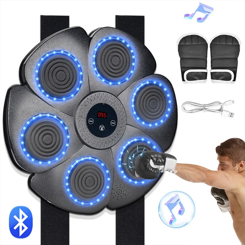Black smart boxing target with lights and Bluetooth, includes half finger gloves