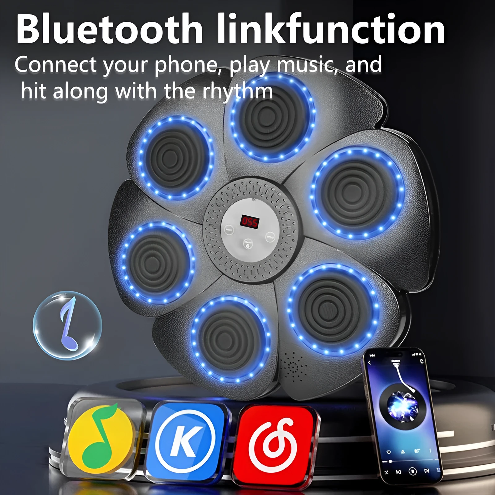 Black smart boxing target with lights and Bluetooth, includes half finger gloves