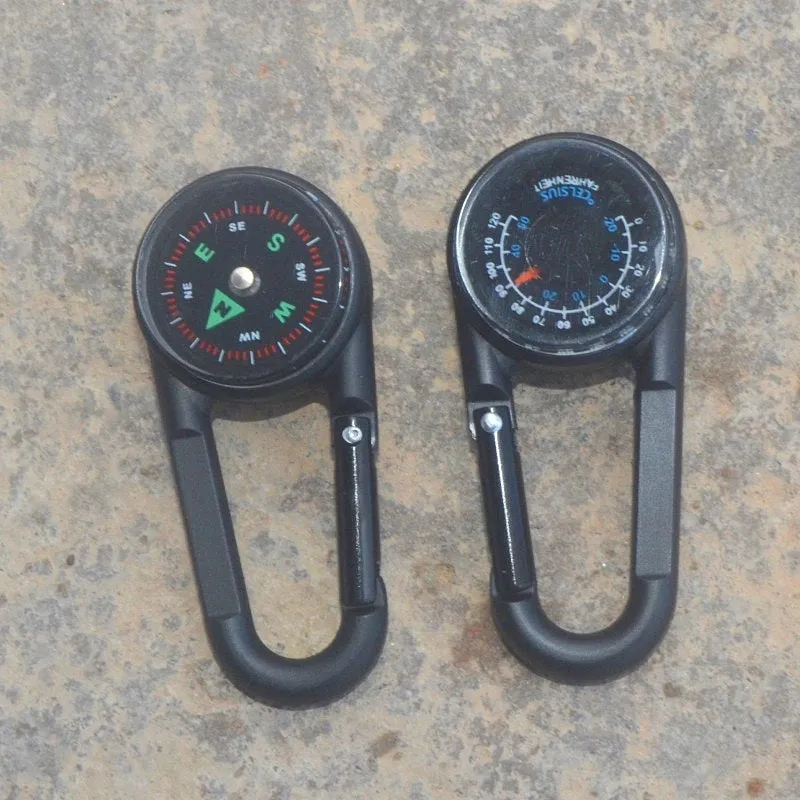 Black zinc alloy carabiner with liquid thermometer display and climbing button mechanism