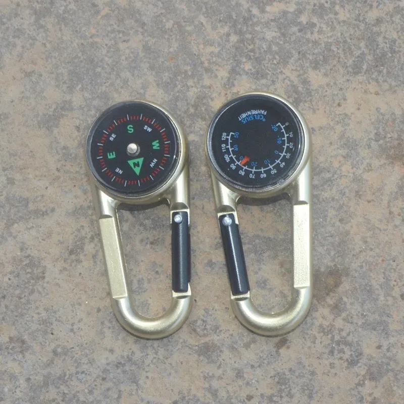 Black zinc alloy carabiner with liquid thermometer display and climbing button mechanism