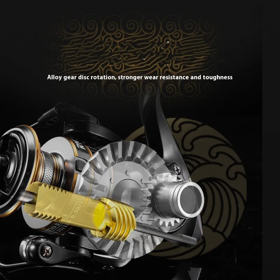 All metal spinning fishing reel with black EVA grip handle on a grey background