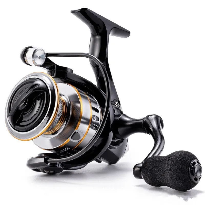 All metal spinning fishing reel with black EVA grip handle on a grey background
