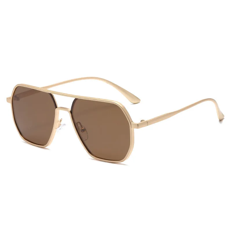 Men's polarised driving sunglasses with irregular frame in black, gold, or gunmetal colour options.