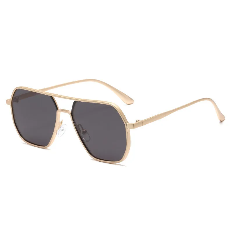 Men's polarised driving sunglasses with irregular frame in black, gold, or gunmetal colour options.