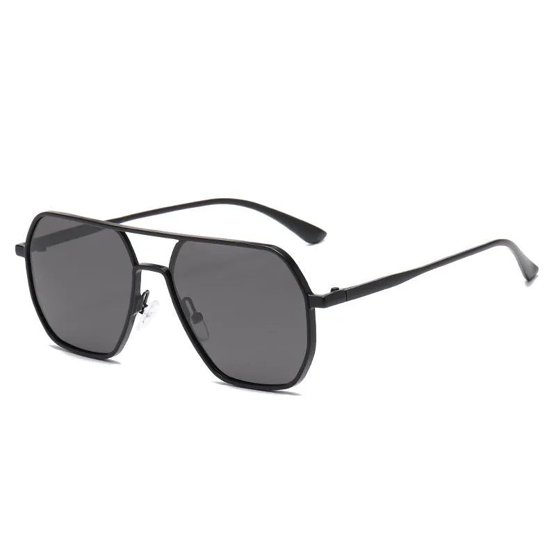 Men's polarised driving sunglasses with irregular frame in black, gold, or gunmetal colour options.