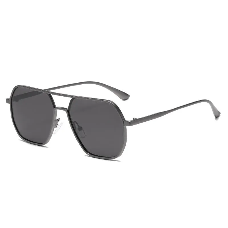 Men's polarised driving sunglasses with irregular frame in black, gold, or gunmetal colour options.