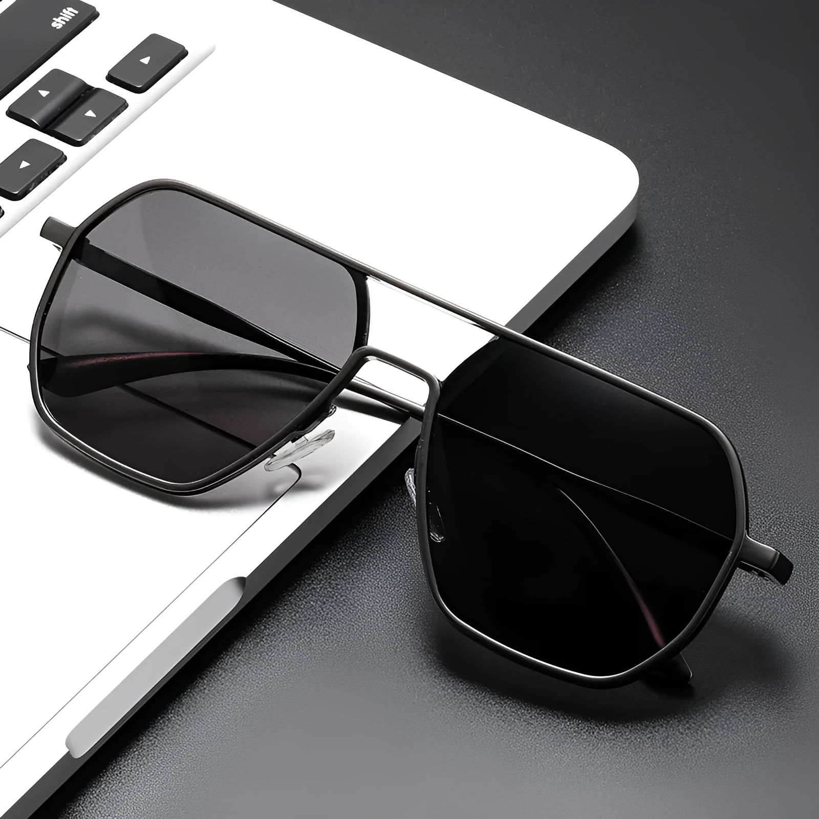 Men's polarised driving sunglasses with irregular frame in black, gold, or gunmetal colour options.