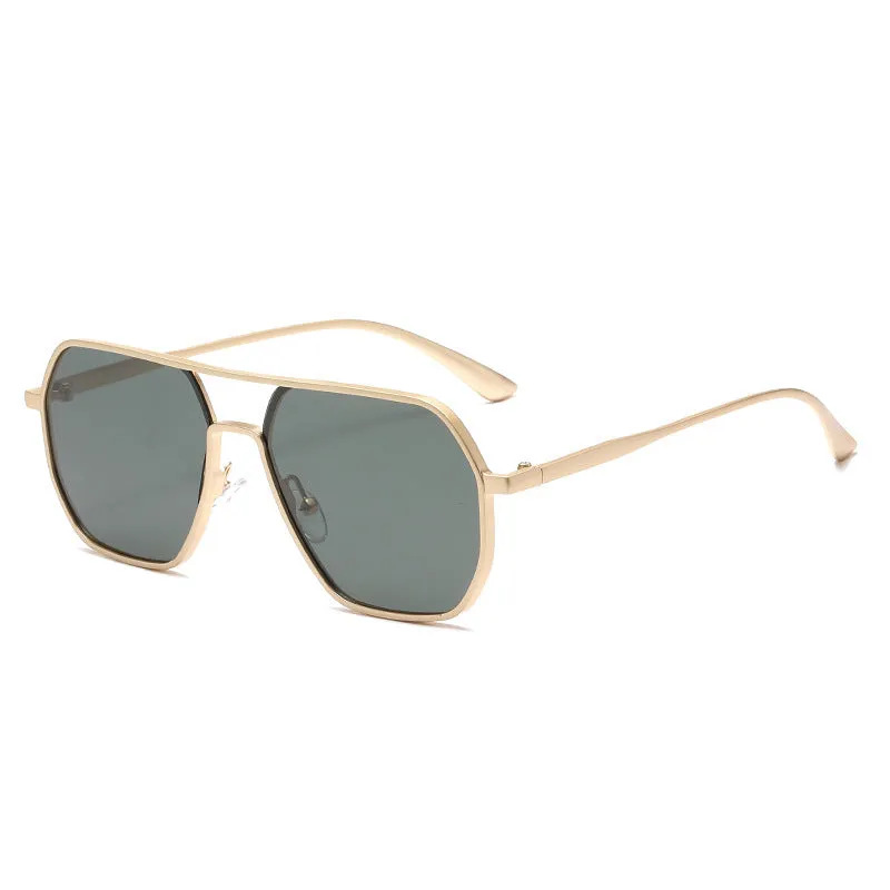Men's polarised driving sunglasses with irregular frame in black, gold, or gunmetal colour options.