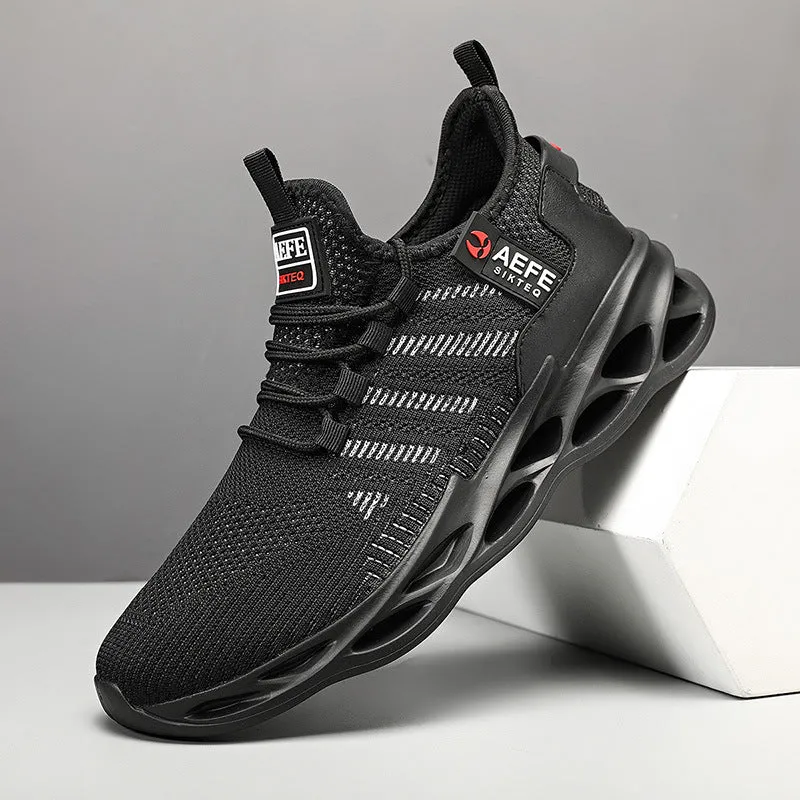 Men's black mesh casual running shoes with cross-strap design and low-top profile