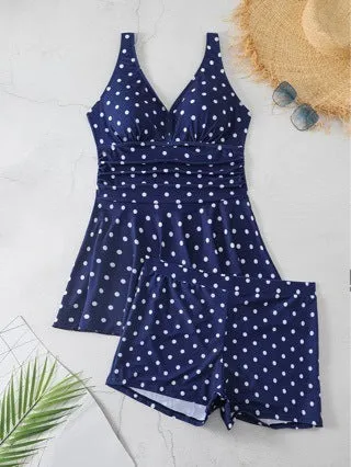 Women's blue polka dot print bikini swimsuit shown on mannequin with separate top and shorts