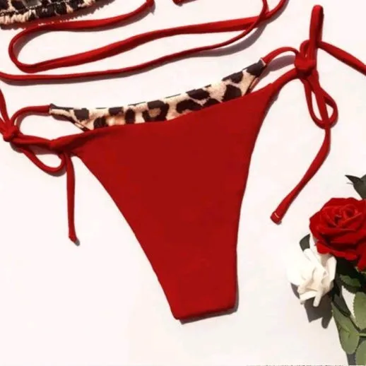 Women's red leopard print halter bikini with lace-up front and adjustable side ties