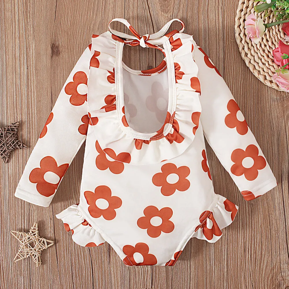 Girl's floral print open back swimsuit in orange red with crew neckline and Asian-fit sizing