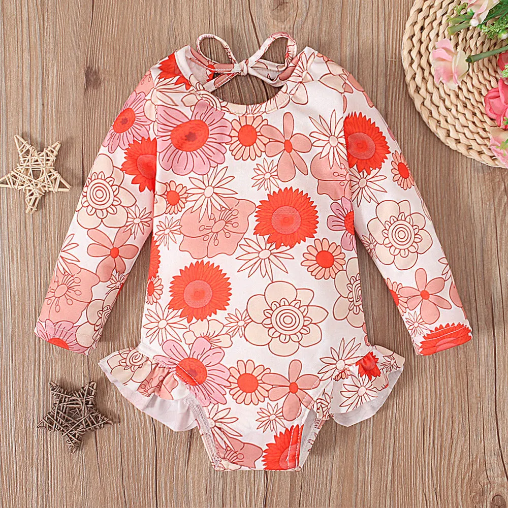 Girl's floral print open back swimsuit in orange red with crew neckline and Asian-fit sizing